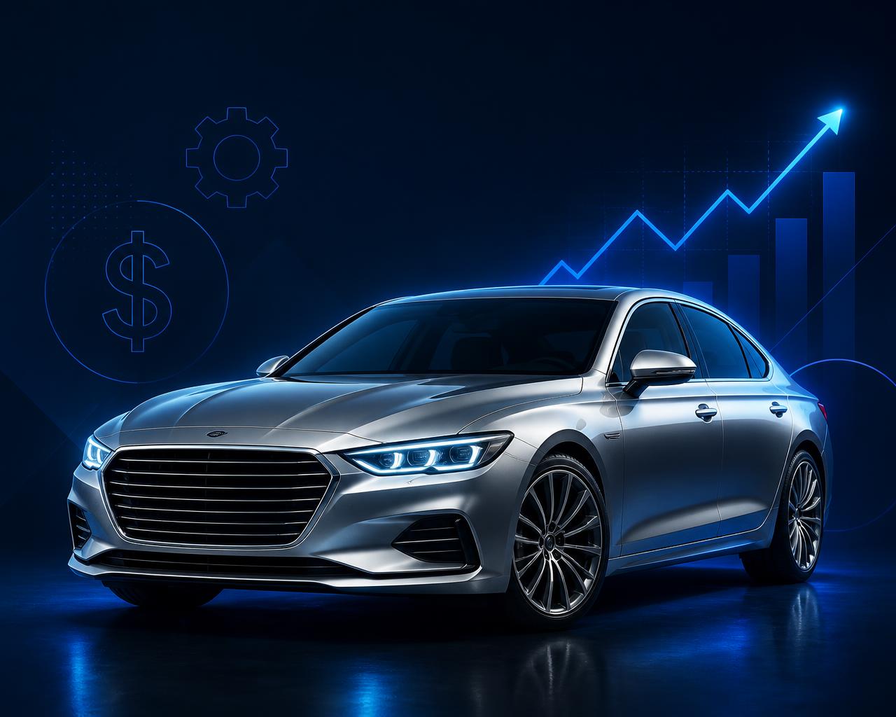 Modern silver automobile with financial growth graphics representing Inventory Expansion for Auto Repair Shops, equity expansion for shop owners, equipment purchase and shop expansion, and business lines of credit for automotive businesses.